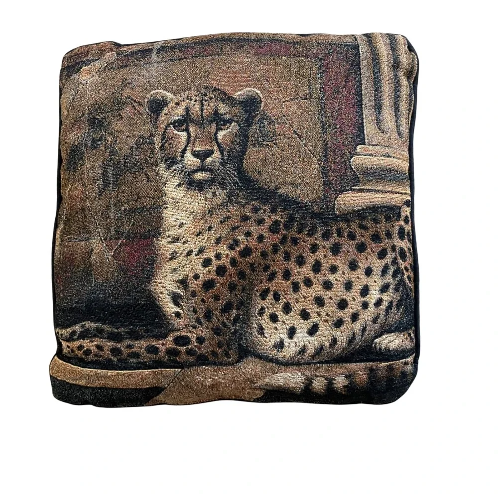 Tapestry Vintage Throw Pillow Cheetah Accent Woven Decorator Trim Cushion 14.5